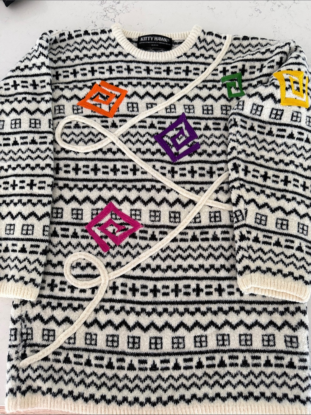 Kitty Hawk Women’s  Sweater White/black with geometric multicolour design